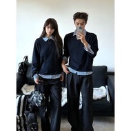 藏青色格紋拼接長袖t恤男款min高智感正肩Polo衫美式情侶衛衣外套-藏藍色 M