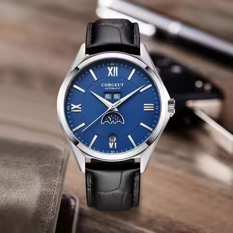 Corgeut Men's 40mm Mineral Glass Mirror Automatic Mechanical Watch Men's Date Cycle Moon phase Displ