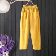 【มีไซส์ใหญ่】Plus Size L-4XL Womens Elastic Waist Spring Summer Cotton&amp;Linen Pants Solid Color Vintage Pants with Big Pockets