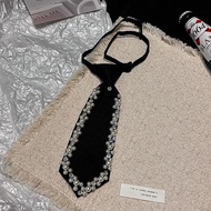 High-End Handmade Pearl Rhinestone Knot-Free Black Tie Female Niche Design jk Uniform Scarf Bow Tie 