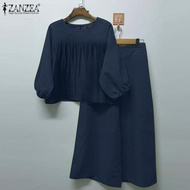 (จัดส่งฟรี) Esolo ZANZEA ชุด2ชิ้นแบบเรียบสำหรับสตรีชุดแขนยาวเสื้อสตรีคอกลมชุดกางเกงขาม้า #3