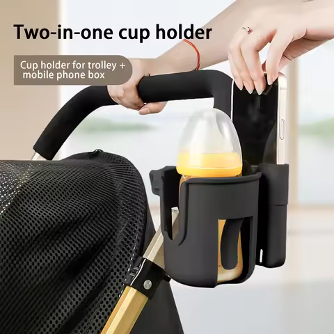 Stroller Cup Holder with Phone Mount - Durable ABS Dual Function Rack for Baby Trolley Bicycle, Blac