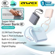 【3C Certified】Awei C1 10000mAh Powerbank 22.5W Fast Charging Power Bank Built-In Cable Mini Pawer Ba