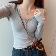 Korean Fashion Casual Grey Tees Slim Long Sleeve Gyaru O-Neck Mori Girl Basic T-shirts Coquette Aest