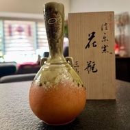 *01448HV 日本 信樂燒 三彩 作 粗陶 青流釉 耳付 小花入 花瓶 花器