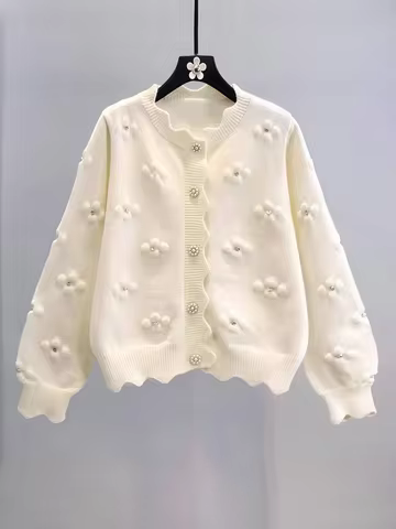 24 Autumn/Winter New Floral Pearl Knit Cardigan Sweetheart Daisy Romantic Wave Edge Sweater Coat
