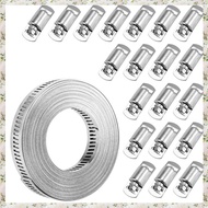 (TSDA) Hose Clamps 20FT Metal Strap+20 Fasteners DIY Cut-To-Fit Stainless Steel Band Clamps Adjustab