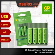 [Battery Charger + 4 Battery] GP Reckyo Charger Rechargeable B421 + 4's AA 2100 mah Rechargeable Bat