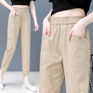 Women Casual Pants Cotton Linen Slim Ankle Pants Lady trousers Elastic Waist Long Pants
