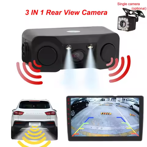 12V Car PDC 3 In 1 Rear View Camera Parking Sensor Radar Set License Plate Lights Distance Control P