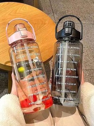 1 pieza de botella de agua deportiva de paja con gran capacidad de 2L/67.63oz con marcador de tiempo y mango, botella de bebida plástica transparente para fitness, deportes al aire libre y carrera, adecuada para hombres, mujeres y estudiantes