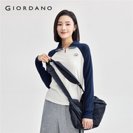 GIORDANO Women Long-Sleeved Polo Shirt Embroidery Contrasting Stand Collar Raglan Sleeves Half-Zip C