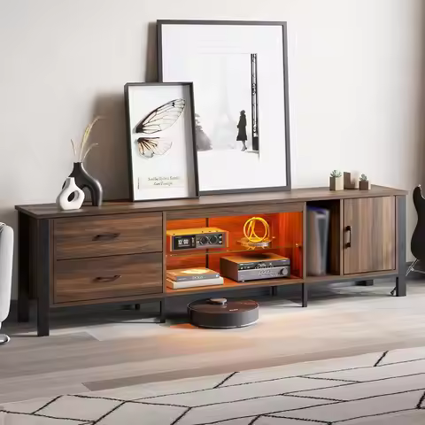 TV Stand for 75/80/85 inch TV, LED Gaming Entertainment Center, Modern TV Cabinet with Glass Shelves