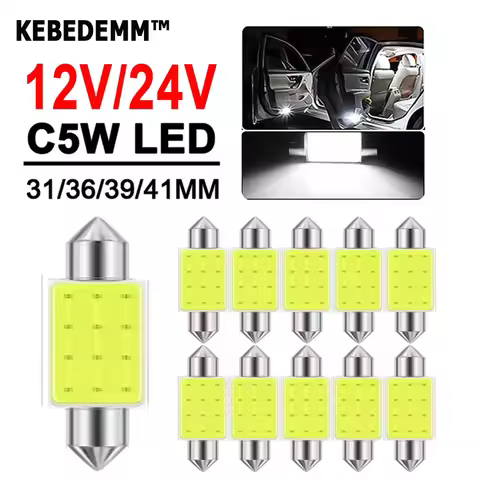 KEBEDEMM 10PCS 31/36/39/41mm 12V/24V C10W C5W LED Bulb Festoon COB 6000K White Car Interior Dome Rea