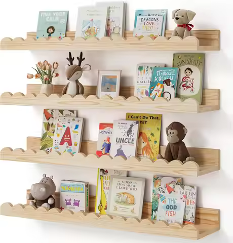 4-Pack Wood Floating Shelves for Kids, Scalloped Design, 23 Inches, Nursery Decor