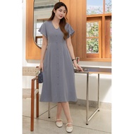 (R 3-5) ACW Button Panel Flutter Sleeve Flowy Midi Dress in Grey