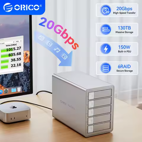 ORICO 20Gbps 4/5 Bay RAID SATA HDD SSD Enclosure USB-C 150W 130TB DAS 3.5"2.5" External Hard Drive C