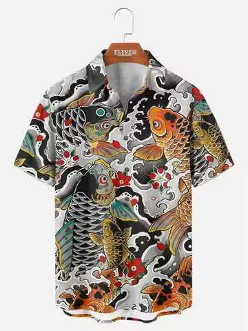 Japanese Style Ukiyoe 3D Print Men Casual Button Down Shirts Summer Fashion Shirt For Man Street Ret
