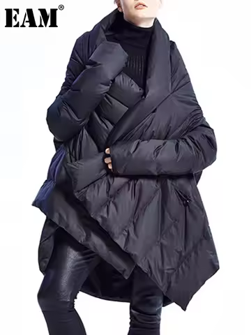 EAM Wine Red Irregular Big Size Down Jacket New Batwing Sleeve Warm Women Parkas Fashion Tide Autumn