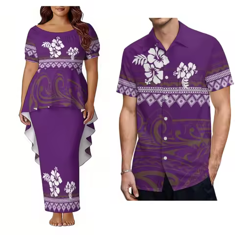 High-Quality Island Couple Set - Pacific Island Design Men'S Aloha Shirt And Women'S Puletasi Dress 
