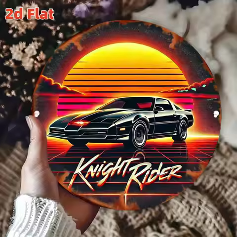 Knight Rider KITT Retro Neon Sunset Metal Wall Art - 7.79x7.80 Inch Aluminum Tin Sign, Durable Indoo