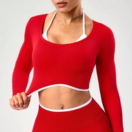 Women's Seamless Red Sports T-Shirt, 2 In 1 Long Sleeve, Suitable For Fitness, Yoga, And Daily Wear 