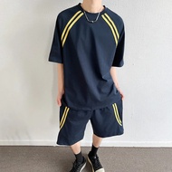 Summer Solid Color Striped T-shirts Shorts Sets Men Tracksuits Korean Oversized 2 Pieces T Shirt Set