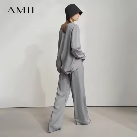 Amii Minimalist Women Chiffon Shirt Loose Trousers 2025 Autumn Lyocell Solid Split Bottom Rear Commu