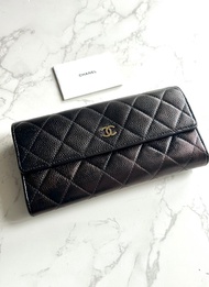 稀有中古Chanel黑金色魚子醬皮革長夾 皮夾 錢包 中夾 二手古董包