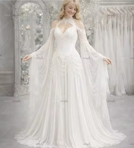 Enchanted Forest Elvish Wedding Dress Belle Sleeve Fairytale Renaissance Celtic Bridal Dress 2026 La