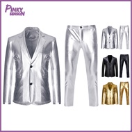 2Pcs/Set Men Suit Coat Pants Set Lapel Long Sleeve Single Breasted Suit Jacket Long Pants Set Golden