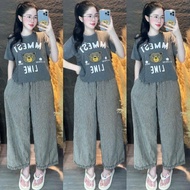 Bigsize 60-90kg TC cotton t-shirt set with loose linen pants with ruffles. Youthful summer short-sle
