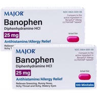 US Official MAJOR Banophen Diphenhydramine HCI 25 mg Minitabs - Temporary Relief from The Symptoms o