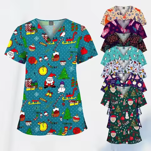 Wholesale Printed Nursing Scrubs Christmas Uniforms V-neck Short Sleeved Fashionable Nursing Uniform
