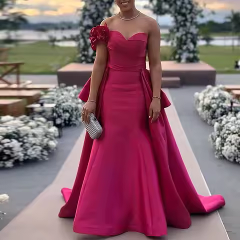 Classy Prom Dresses for Ladies Satin Mermaid/Trumpet Birthday Dress Fuchsia Off-the-shoulder Appliqu