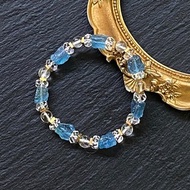 能量原石-天然魔鬼海藍寶原石x鑽切白水晶x白水晶圓珠 黃銅手鍊