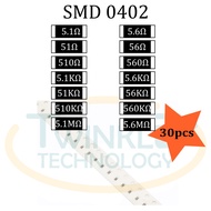 Resistor SMD 0402 5.1ohm,5.6ohm,51ohm,56ohm,510ohm,560ohm,5.1Kohm,5.6Kohm,51Kohm,56Kohm,510Kohm,560K