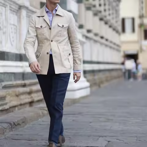 Mens Coats Safari Jacket Linen British Retro Gentry Suit Pockets Outerwear Fashion Solid Color Male 