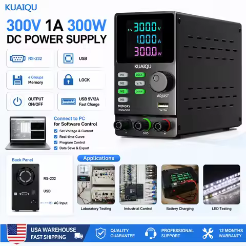 KUAIQU 300V 1A 300W Lab DC Power Supply 5V/12V/24V 200V/30V 10A Adjustable Switching Power Source M1