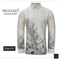 Pacolino - (Modern Fit Cutting) White Cream Color Malaysia Men Batik Long Sleeve Kemeja Batik Lelaki