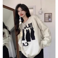Sweater Wanita Oversize Black Cat Crew Neck