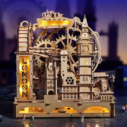 Robotime 3D Wooden Puzzle Marble Run Building Kit London City Model with Lights Mechanical DIY Landm