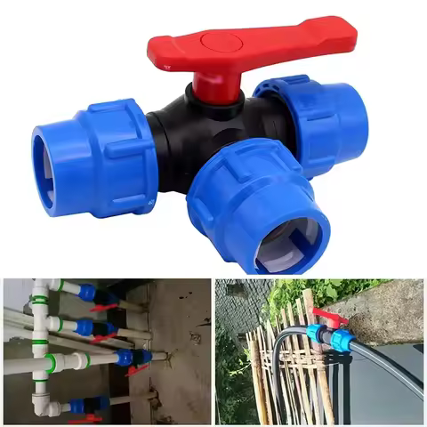 1x PE Pipe 3-Way Ball Valve 20/25/32/40/50mm Plastic Valve Ball Valve Quick Connect Three-way Valve 