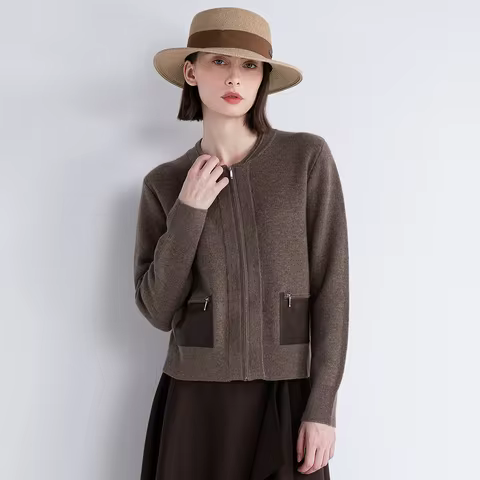 TY852080 Luxury Women’s Wool Cashmere LP Cardigan Premium 70% Wool 30% Sheepskin Pockets Elegant Jac