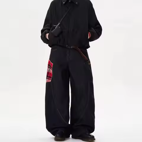 Scottish Plaid Splicing Arc Wide Baggy Jeans Y2k Spring and Autumn New Streetwear Washed Oversized S