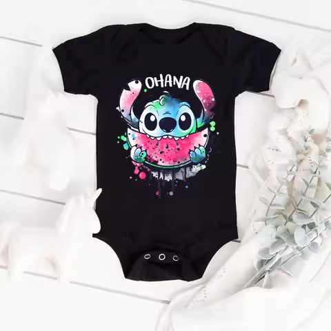 Kawaii Ohana Stitch Print Baby Clothes 100% Cotton Short Sleeve Romper Boy Girl Bodysuit Summer Newb
