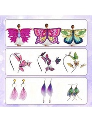 3入組女孩蝴蝶翅膀披肩，成人蝴蝶頭箍和耳環，蝴蝶服裝仙女斗篷Cosplay道具，節日派對配飾套裝