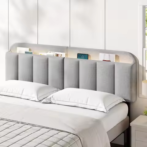 Adjustable Headboard for Full King Size Bed Frame,Linen Fabric Bed Headboard Storage & RGB LED Light