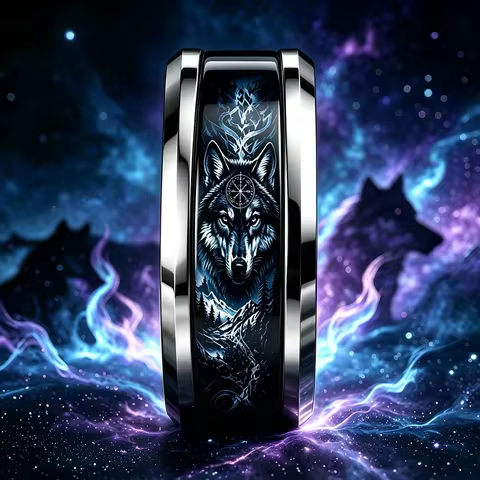 Norse Viking Wolf & Compass Rune Ring for Him Her, Nordic Mountain Scene Stainless Steel Ring, Retro