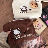 ฿Hello Kitty Cosmetic Bag Kitty Embroidered Corduroy Makeup Bag Large Capacity Storage Toiletry Bag 